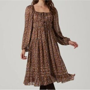 ASTR The Label Brown Floral Tiered Ruffle Sheer Long Sleeve Midi Dress NWT Large